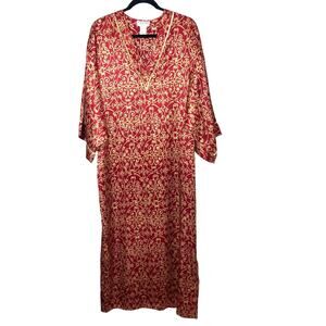 Natori Classics Satin Caftan V-Neck Gown Luxury Loungewear Size Small Red Gold